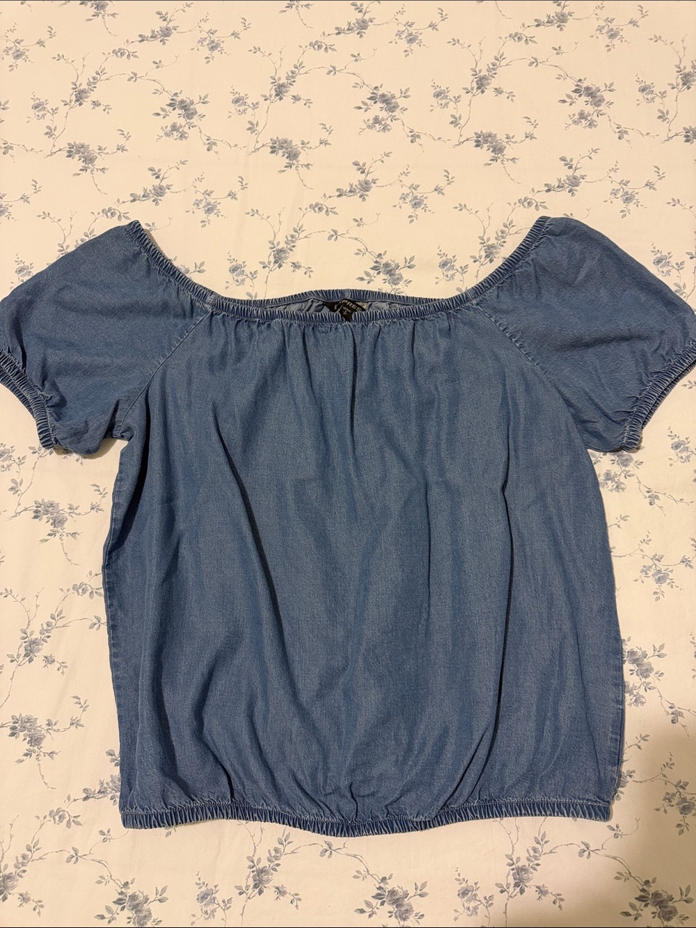 Express Denim-Look Off-the-Shoulder Top in Light Blue